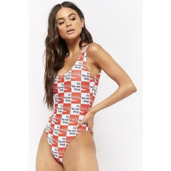 Coca Cola Swimsuit Bathing Women's Small Red White One Piece Scoop Neck - Picture 1 of 5